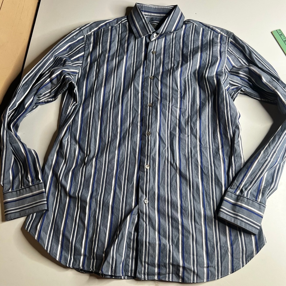Salvatore Ferragamo Mens Blue Striped Button Down Shirt Made in Italy Size L
